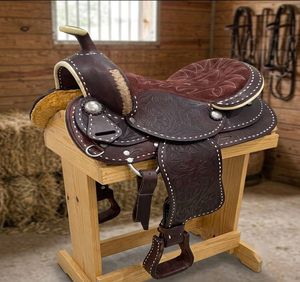 Selle de cheval western en cuir pour l'équitation, avec arceau en fibre de verre robuste, 15"-17", pour le barrel riding - Product Image 2