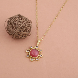 Pink Cat's Eye Pendant Gold Plated Necklace Vintage Statement Jewelry Birthstone gift for Her - Product Image 3