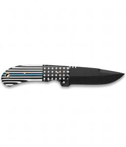 Cuchillo de hoja fija negro mate hecho a mano para exteriores con mango de resina con la bandera de la línea azul delgada y orificio para cordón de latón para uso en campo - Product Image 1