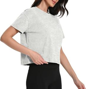 Women's Gray <b>Cropped</b> T-Shirt Gym wear Short Sleeve O-Neck Casual <b>Top</b> Knitted Cotton Solid Color Box Fit Style - Product Image 4