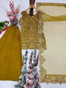 ชุดส่าหรีผู้หญิงแบบอินเดีย-ปากีสถาน ปักลายหนัก พร้อมผ้าคลุมไหล่และกางเกงขายาวทรงปาลาซโซ เหมาะสำหรับงานแต่งงานและงานปาร์ตี้ - Product Image 3