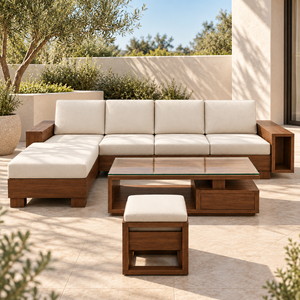 Modern Modular L Shaped <b>Sofa</b> Set With Storage Coffee Table And Ottoman Outdoor Living Room Furniture <b>Wooden</b> <b>Frame</b> Beige Cushions - Product Image 1