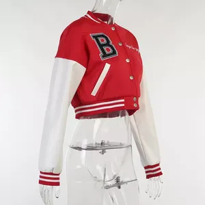Trendy cropped varsity jacket with <b>Leather</b> sleeves Custom <b>Women's</b> Varsity Crop <b>Top</b> Jacket for casual wear - Product Image 2