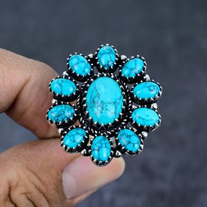 Anillo de Turquesa Natural en Forma de Flor, con Incrustaciones de Perlas Creadas en Laboratorio, de Alta Calidad, con Canalización, Estilo Vintage, Chapado en Plata 925, Unisex - Product Image 1