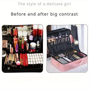 Scatola di alta qualità per il trucco in tessuto Oxford di grande capacità borsa portatile per il trucco da viaggio divisori regolabili perfetto rosso/nero - Product Image 4