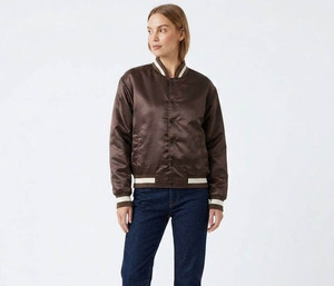 Men's Brown Satin Varsity Jacket Regular Fit Solid Color Turn-down Collar Button Closure Left Sleeve Logo Autumn Casual Wear - Product Image 4