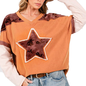Premium Quality Women’s Orange V Neck Long Sleeve <b>Patchwork</b> Top Star Applique Floral Panel Casual Fall Blouse women's <b>shirt</b> USA - Product Image 4