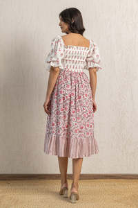 <b>WHITE</b> SMOCKED COTTON <b>MAXI</b> DRESS WOMEN BREATHABLE COMFORTABLE AND CLASSY WITH A BEAUTIFUL FLORAL PRINT <b>MAXI</b> DRESS - Product Image 4