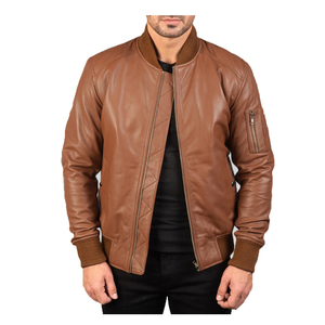 Men's Genuine Leather Bomber <b>Jacket</b> Stand Collar Zipper Closure Solid Color Autumn Regular Fit Moto Style - Product Image 1