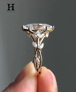 Anillo de compromiso marquesa de moda con banda entrelazada de ramas y delicado racimo de hojas, joyería de oro de 10K y 14K - Product Image 4
