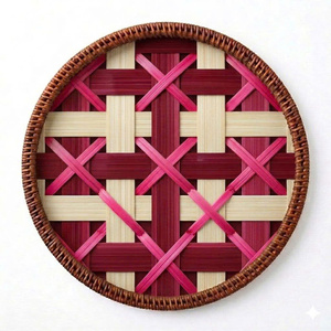 Bright Color Woven Bamboo <b>Placemat</b> <b>Round</b> Rattan Table Mat Geometric Pattern Protective Heat Insulated Serving Tray - Product Image 3