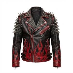 Blouson en cuir noir pour homme, style motard, avec broderie tête de mort et patch dorsal, streetwear vintage, type bomber Cafe Racer - Product Image 2