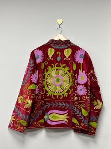 Vintage Red <b>Velvet</b> Suzani Embroidered <b>Jacket</b> with Floral Pattern Full Sleeve Stand Collar Bohemian <b>Women's</b> Autumn Outerwear - Product Image 3