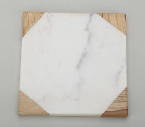 Luxury Handmade Marble Wooden Coaster <b>Set</b> Natural White Marble and Wood Coaster <b>Plate</b> Decorative Kitchen Countertop Coasters - Product Image 3