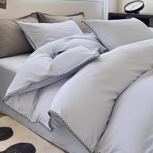 Ensemble de housse de couette gris à bordure en dentelle avec fermeture éclair, couleur unie pour la maison - Product Image 4