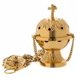 Brass Incense <b>Burner</b> Gold Finish Hand-Made Religious Decorative Design With Cross Top And Chain Handle Thrubile - Product Image 5