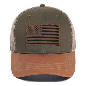 <b>Navy</b> Blue Trucker Cap With American Flag Patch Tan Brim Unisex Adjustable 6-Panel Casual <b>Hat</b> - Product Image 3