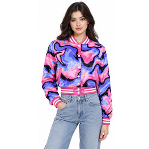 <b>Pink</b> Blue Flame Print Varsity <b>Jacket</b> Turn-down Collar Full Sleeve Polyester Women's Short Casual Spring Wear Women Satin <b>Jackets</b> - Product Image 4