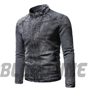 Chaqueta de Motociclista BLOODLINE INTERNATIONAL, Estilo Blouson, de Mezclilla, Manga Larga, Cuello con Botones, Cierre de un Solo Botón, Color Azul Sólido Lavado, para Invierno - Product Image 5