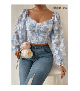 Blusa de Georgette Estampada con Flores, Mangas Largas Asimétricas para Mujer, Ligera, Cómoda, Elegante, Informal, para Salir, Fiestas, Viajes - Product Image 1