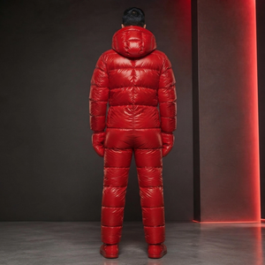 Men's Hooded Zipper Glossy Puffer <b>Snowsuit</b> One Piece Insulated Winter Jumpsuit Quilted <b>Waterproof</b> 10000mm PP Cotton Filled Nylon - Product Image 2