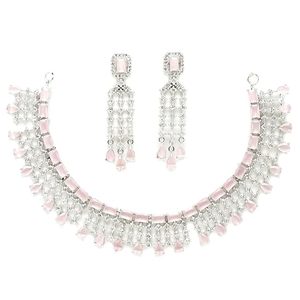 Conjunto de Collar y Pendientes Románticos con Borlas de Cristal Rosa y Diamantes de Imitación para Mujer, Joyería de Boda - Product Image 1