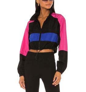 Custom Women's <b>Pink</b> Black Nylon Cropped Windbreaker <b>Waterproof</b> <b>Jacket</b> Streetwear Polyester Color Block <b>Jacket</b> - Product Image 1