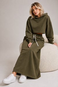 OEM Cropped Hoodie and Custom Length <b>Maxi</b> <b>Skirt</b> Sets Heavyweight Cotton Fleece Two-Piece Streetwear Winter Tracksuits for Women - Product Image 4