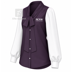 Blusa de satén NCNW Council con cuello de lazo y logo bordado, manga abullonada, blusa moderna morada y blanca para mujer - Product Image 2