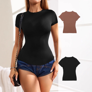 Camisetas Cortas Ajustadas para Mujer, de Secado Rápido, Transpirables, Elásticas, de Algodón/Bambú, Casuales, con Decoración de Letras - Product Image 1