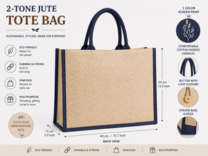 Sac fourre-tout en jute laminé bicolore avec deux poignées, poche avant, fermeture à bouton, écologique, réutilisable, pour les courses, les courses alimentaires, la plage - Product Image 5