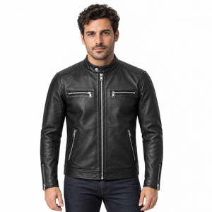 Veste noire Café Racer pour homme avec col à boutons-pression, quatre poches zippées, manches à empiècements, poignets zippés et style motard classique - Product Image 3