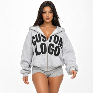 Private label <b>hoodies</b> 350gsm brushed fleece zip <b>hoodies</b> with metal <b>zipper</b> for <b>womens</b> clothing collections - Product Image 2