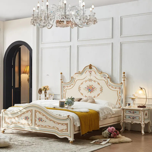 Juego de Dormitorio Francés de Lujo, Cama King Size de Madera de Caoba Sólida, Color Blanco Crema, Tallada a Mano con Motivos Florales, para Recámara Principal y Habitación de Niña, Muebles para el Hogar - Product Image 1