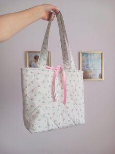 Large Cotton Quilted Tote Bag Floral Embroidery Gingham Trim Zipper Closure Daily Use Portable Fashion Boho Style Polyester - Product Image 4