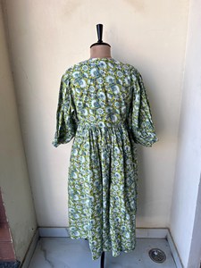 Bohemian Floral Block Print Cotton Midi <b>Dress</b> Vintage Puff Sleeve <b>Loose</b> Fit Tie Neck Summer <b>Dress</b> For Women - Product Image 2
