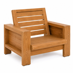 Chaise de jardin d'extérieur en teck massif de design scandinave avec larges accoudoirs, dossier à lattes horizontales, pieds sabre, imperméable et durable - Product Image 2