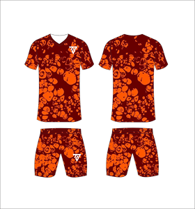 Custom sublimated soccer uniform set for men with dark maroon and orange splatter pattern print jersey and matching <b>shorts</b> - Product Image 4