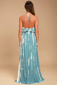 Bohemian Blue <b>White</b> Tie Dye <b>Maxi</b> Dress Backless Halter Neck Summer Vacation Resort Wear for Women - Product Image 3