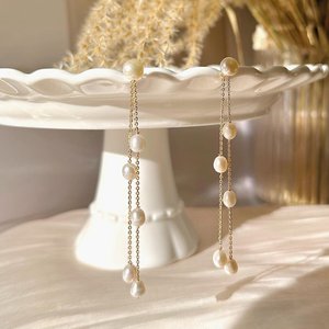 Dainty Pearl Drop <b>Earrings</b> Long Gold Tassel Threader <b>Earrings</b> Minimalist Wedding Jewelry Handmade Freshwater Pearl - Product Image 5
