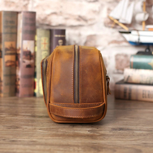 Vintage Leather <b>Toiletry</b> Bag Medium Size Zipper Closure Durable Travel Cosmetic Case for Men Shaving Kit <b>Storage</b> - Product Image 4