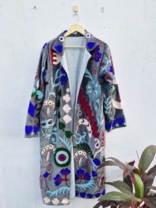 Suzani Embroidered Reversible Eco-Friendly Hooded Drop-Shoulder Sleeves 85% Down Filled Velvet <b>Gothic</b> Regular <b>Jacket</b> - Product Image 1