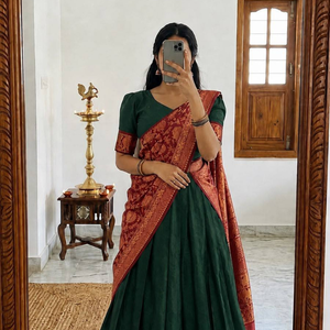 Lichi Silk Jacquard Zari Border <strong>Ready</strong> <strong>to</strong> <strong>Wear</strong> <strong>Lehenga</strong> Choli With Banarasi Dupatta Full Stitched Half <strong>Saree</strong> By Royal Export - Product Image 4