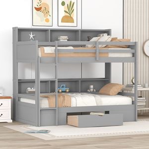 Letto a Castello Singolo Grigio con Scaffali Integrati e Cassetto Portaoggetti, Letti per Bambini con Comodità ed Efficienza Spaziale - Product Image 1