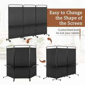 Cloison de bureau pliante à 3 panneaux avec roulettes verrouillables et 3 étagères métalliques noires - Product Image 4