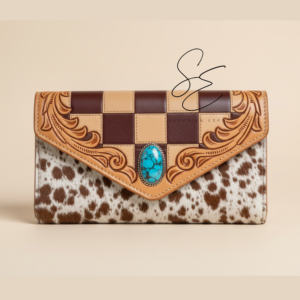 Checkered Genuine Leather Wallet Hair On Hide Clutch Detachable <b>Wristlet</b> Embossed Purse Women OEM Custom - Product Image 3