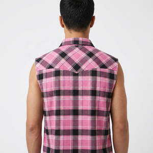 Camisa de Franela de Verano Ecológica de Alta Calidad 100% Algodón para Adultos, Sin Mangas, Cuello Camisero, Suave, a Cuadros Rosa y Negro - Product Image 2