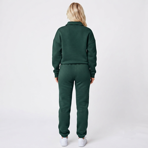 Ensemble de survêtement 2 pièces respirant 100 % coton pour femme avec pull demi-zip et pantalon de jogging pour l'automne - Product Image 2