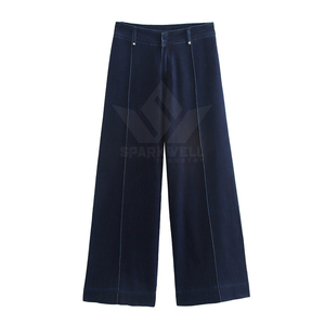 Pantalon large bleu marine pour femme, taille haute, coupe ample, longueur complète, décontracté, jambe droite, pantalon de mode, à porter au quotidien - Product Image 1