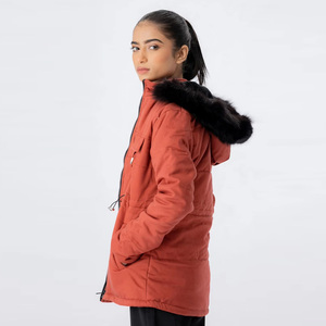 Women's Quilted Parka <b>Jacket</b> With Fur Trim Hood Zipper Closure Winter Outwear Solid Color Thick Warm Coat - Product Image 3